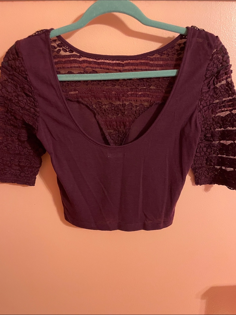 Lace-Trimmed Purple Sweetheart Crop Top - Picture 2 of 6